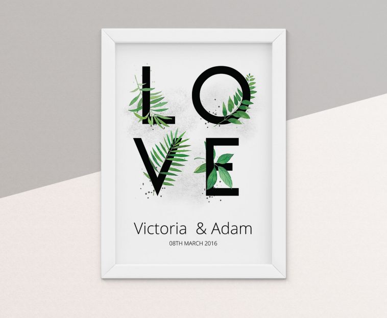 Tropical 'LOVE' Print personalised name prints frame